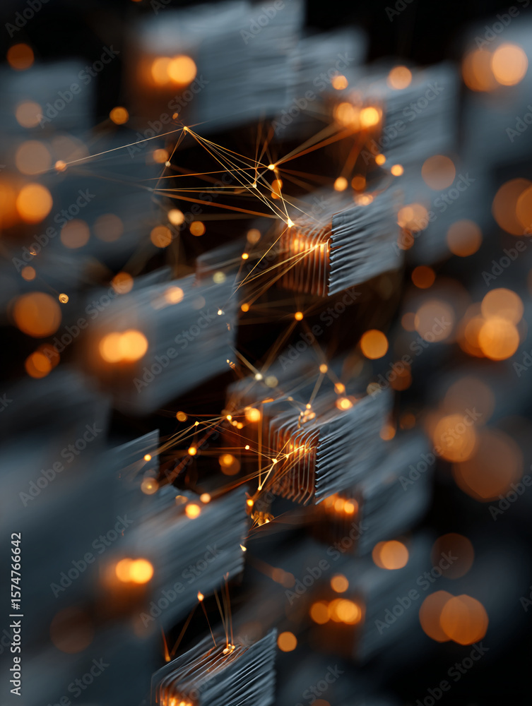 Poster abstract arrangement of stacked elements connected by glowing lines and bokeh lights