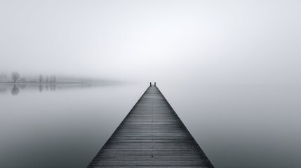 Fototapeta premium Foggy lake scene with a long pier extending to the horizon