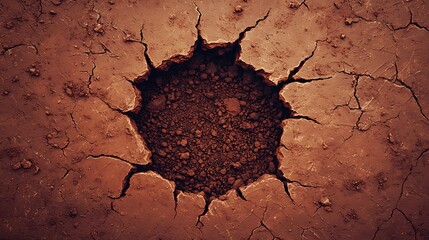 A close-up of dry, cracked earth with a deep circular hole in the center, highlighting drought and arid soil conditions.