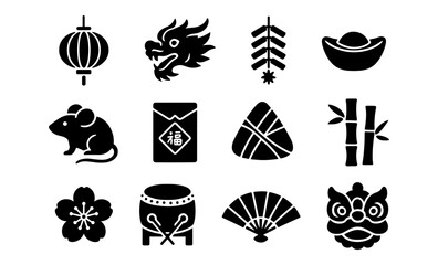 Traditional chinese symbols collection: lantern, dragon, gold, and bamboo silhouette icons