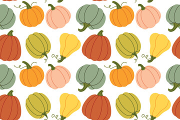 Colorful seamless pattern of autumn pumpkins and squash in pastel tones. Fall harvest design for wrapping or textile projects