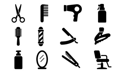 Essential hair salon tools silhouette icons set for modern styling