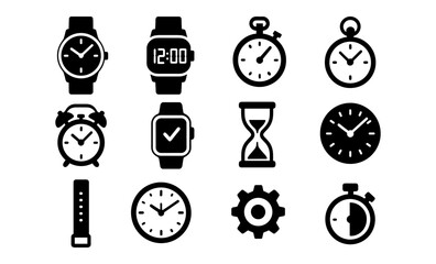 Variety of timekeeping devices in simple monochrome icons