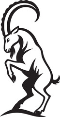 Ibex silhouette powerful black and white art, Majestic mountain animal in bold style