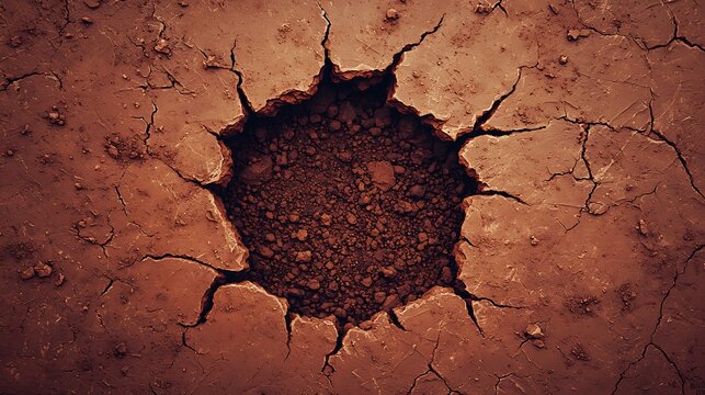 A close-up of dry, cracked earth with a deep circular hole in the center, highlighting drought and arid soil conditions.
