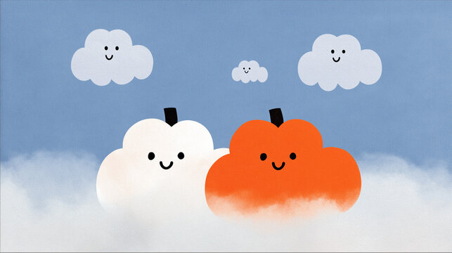 Cloudy Companions: Adorable animated clouds, one a gentle white and the other a cheerful orange, float amiably in a cerulean sky. These cuddly characters bring a sense of warmth and whimsy.