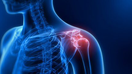 Woman with painful shoulder joint with blue background - x-ray 3d illustration