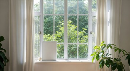 Fototapeta premium Brightly Lit Room with a Large Window Overlooking Lush Green Trees and Plants