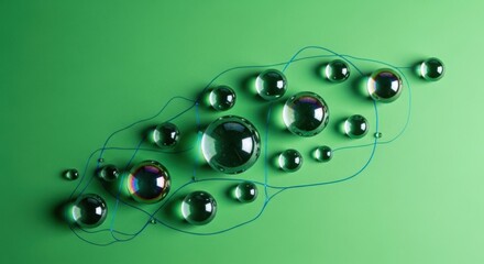Abstract arrangement of clear spheres and delicate blue lines on a green background suggesting a network or connection