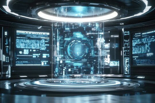 Futuristic Digital Interface with Holographic Display in Sci-Fi Setting - Powered by Adobe