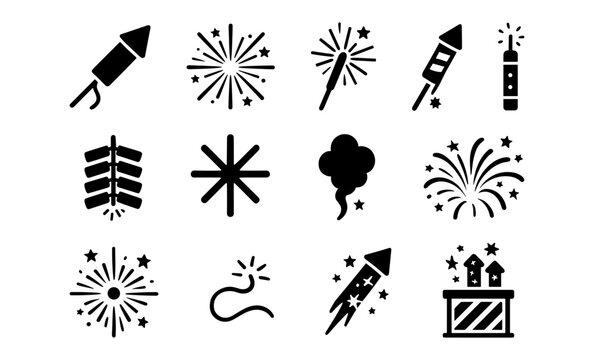 Set of firework and sparkler silhouettes for festive celebrations
