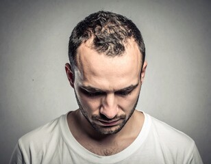 Fototapeta premium Man's receding hairline: A close-up portrait of a man looking down, showing his receding hairline and thoughtful expression.
