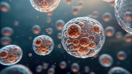 Breast cancer cell and tumor concept. Microscopic view of floating spherical cells in a dark background.