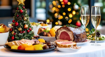 Festive Holiday Feast with Decorations and Treats
