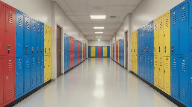 A vibrant and symmetrical school hallway, evoking feelings of order and anticipation between classes