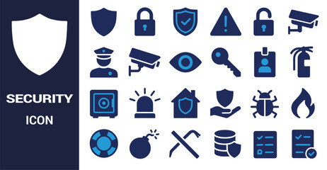 Collection of security and safety icons in blue and white shield lock