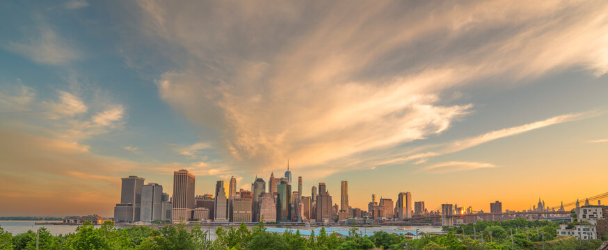 views panoramic skyline Manhattan New York sunrise