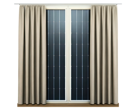 Window with integrated solar panels and neutral-colored curtains on a transparent background