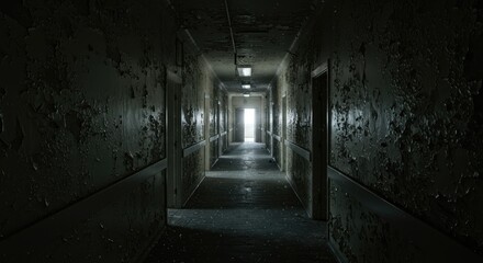 A dimly lit, decaying hospital corridor
