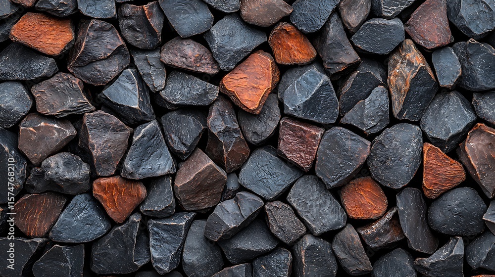 Poster close-up image of irregularly shaped black and reddish-brown stones closely packed together, creatin