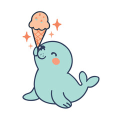 Fototapeta premium Happy Seal Holding Ice Cream – Summer Treat Animal Vector
