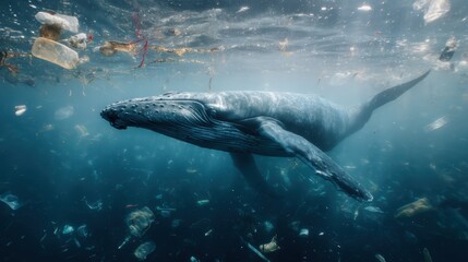 Whale Struggling in Polluted Ocean Water