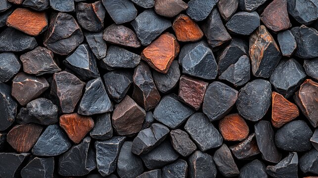 Close-up image of irregularly shaped black and reddish-brown stones closely packed together, creating a textured and natural pattern.