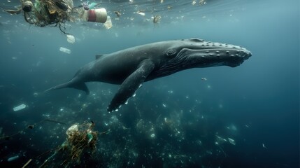 Whale Struggling in Polluted Ocean Water