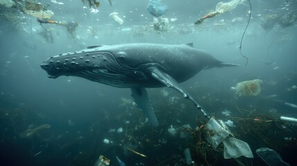 Whale Struggling in Polluted Ocean Water