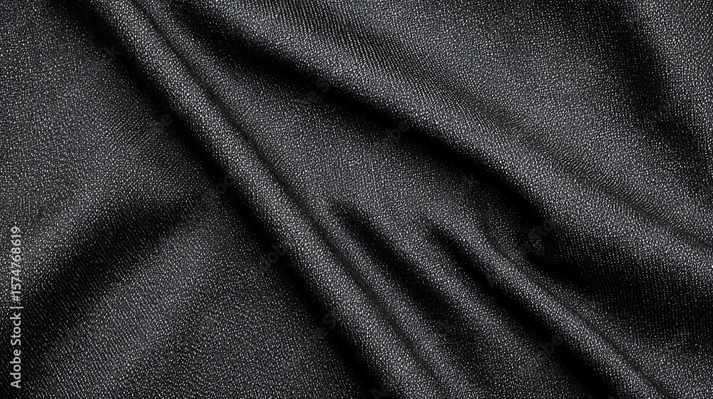 Poster close-up of black fabric with a textured, dotted pattern and natural folds creating subtle shadows a