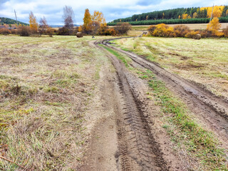 A secluded rural dirt road gently winds its way through expansive autumn fields, showcasing an...