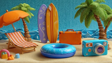 Obraz premium Whimsical beach scene with surfboard, suitcase, camera, and inflatable toys on sand