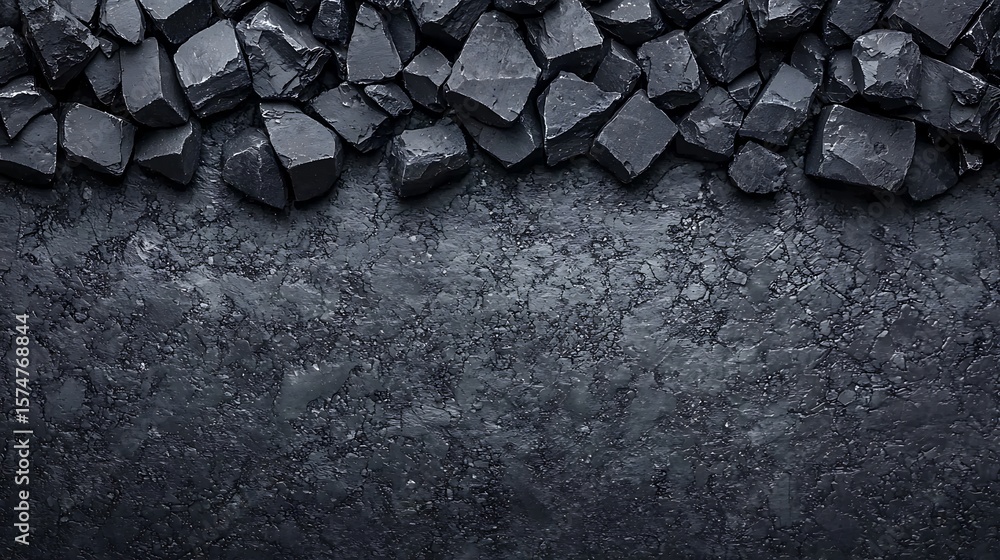 Poster dark, irregular coal chunks scattered on a rough, textured black surface with a gradient from dense 