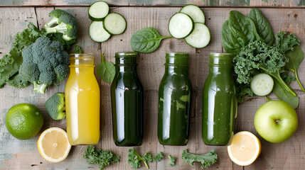 Vibrant green and yellow detox smoothie bottles with fresh fruits and vegetables on a rustic wooden surface offer a healthy beverage concept.