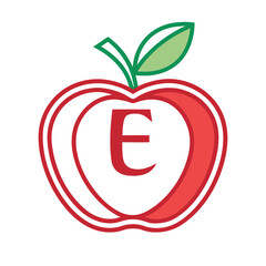 Red apple with letter e inside a simple modern vector design