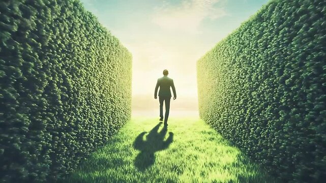 A person in a suit walking through a green hedge maze towards a bright horizon under a blue sky