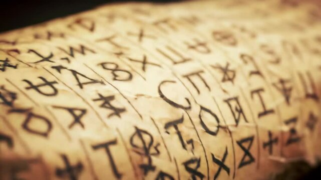 Close-up on old parchment with mysterious handwritten symbols, antique