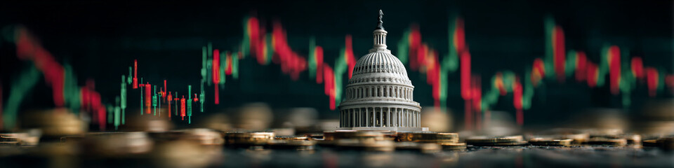 Capitol building model on gold coins with stock market graph in the background