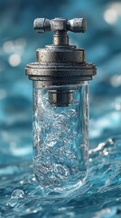Close up of a water filter with bubbles inside against a blue water background