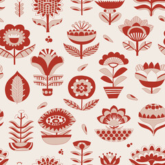 Vector botanical seamless pattern with folkloric flowers. Simple plants floral shapes as a background. Hand drawn geometric minimalistic repeatable backdrop.