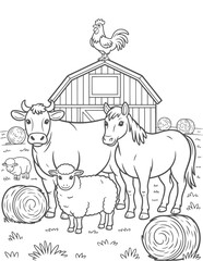 Farm animals and barn with hay bales horse sheep