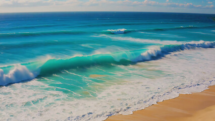 Turquoise ocean waves crashing on a sandy beach under a bright sky, creating a serene and picturesque seascape.