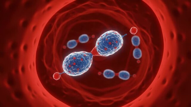 Cell division process in a blood vessel, showcasing medical biology processes under microscope