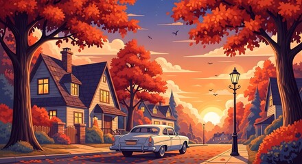 Retro Anime Style: Autumn Sunset Over a Quaint Village with a Classic Car