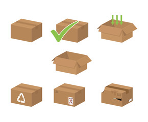 Collection of cardboard boxes including closed, open, damaged, and labeled packaging. Ideal for delivery, shipping, and logistics concepts. without background.