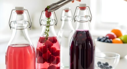Preparing Raspberry Thyme Kombucha for Second Fermentation in Swing-Top Bottles

