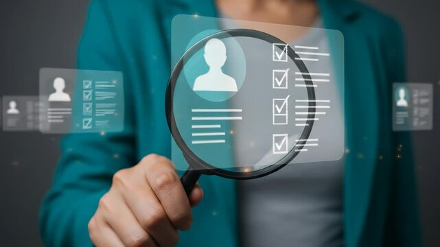 Recruitment professional digitally reviewing candidate profiles with a magnifying glass for talent acquisition and HR selection.