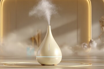 Aromatherapy diffuser releasing calming mist in a modern, serene environment