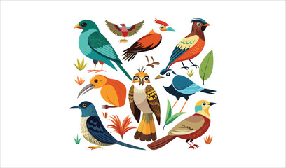 Collection of colorful tropical birds illustration