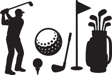 Golfer swinging club with ball tee flag and bag vector